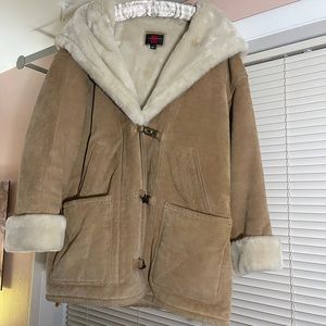 gallery faux fur real leather tan coat